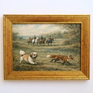 Vintage inspired Hunting Scene Framed Art print Gold Frame 5x7 Shih Tzu